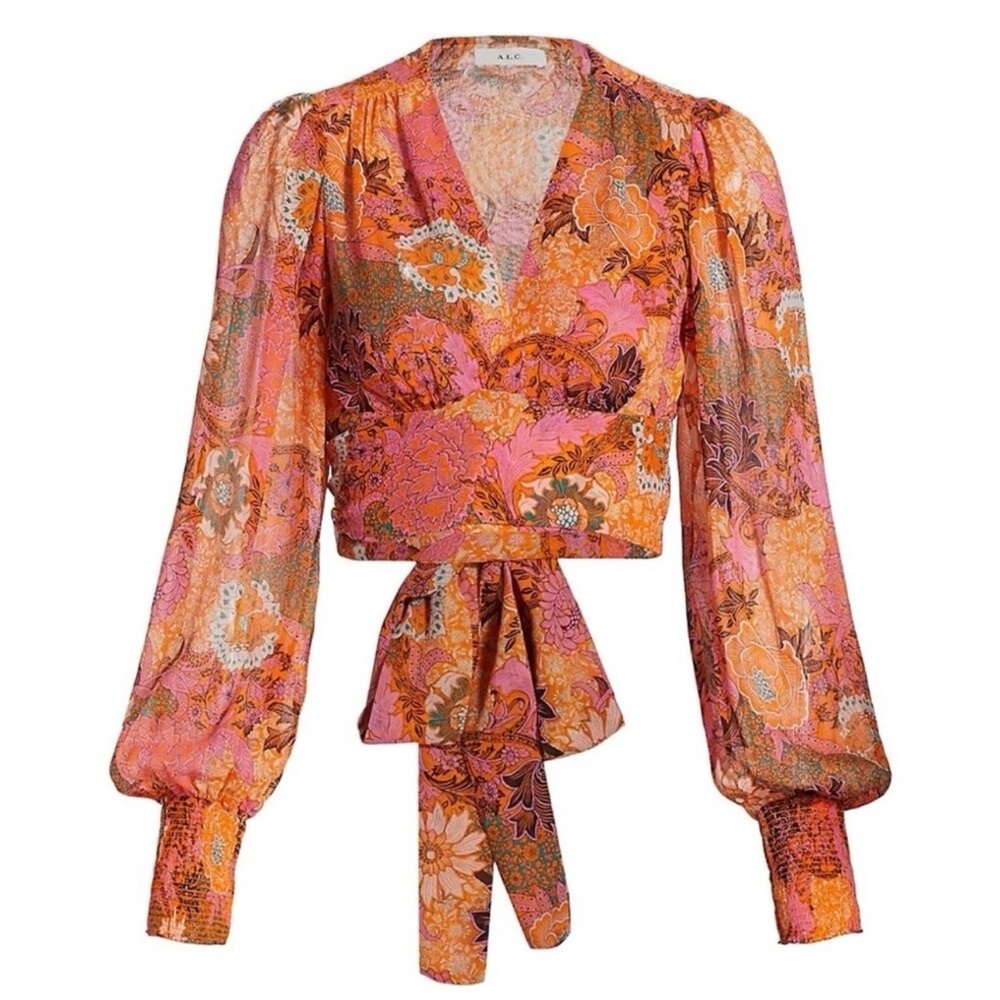 A.L.C. Samara Silk Cropped Wrap Top in Pink/Orange Multi.